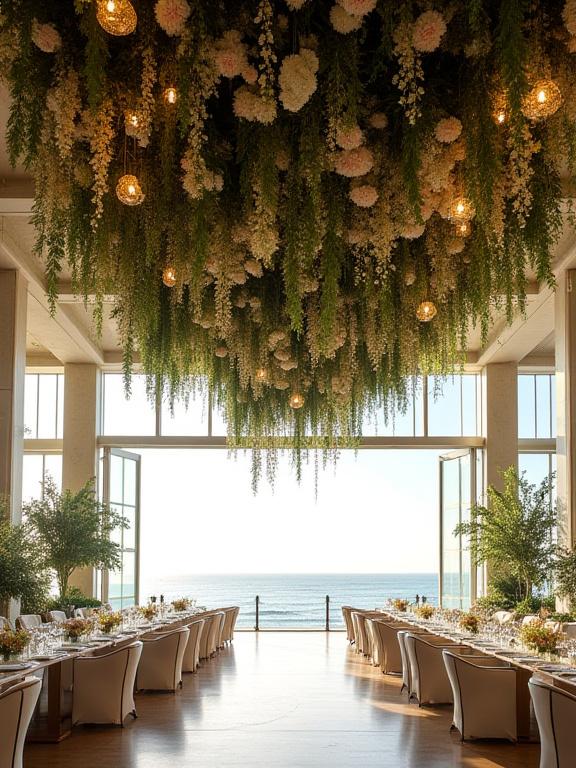 Grande installazione floreale sospesa per una festa in una location costiera.