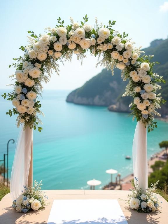 Allestimento floreale per un matrimonio a Portofino vista mare.