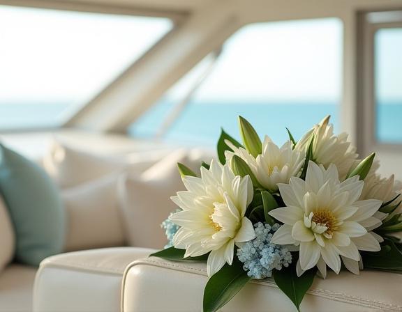 Fiori freschi che adornano il salone di uno yacht privato.