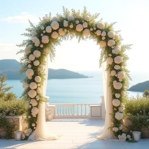 Arco floreale per un matrimonio su una terrazza vista mare.