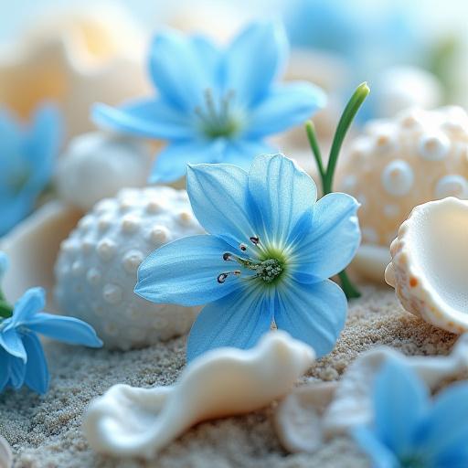 Dettaglio di una composizione floreale con conchiglie e fiori blu.