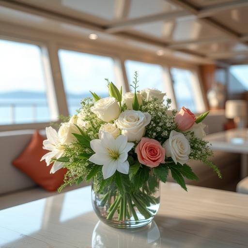 Composizione floreale elegante all'interno di un lussuoso yacht.