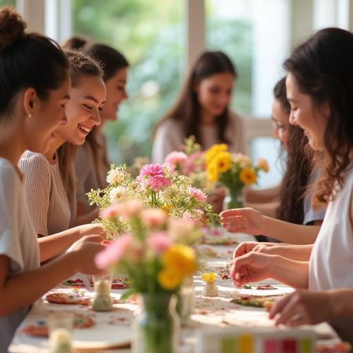 Persone sorridenti che partecipano a un workshop floreale di Ancora Fiori.