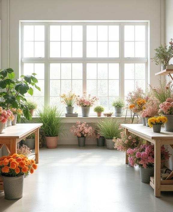 L'interno dello studio di Ancora Fiori, con fiori freschi e attrezzi da lavoro.